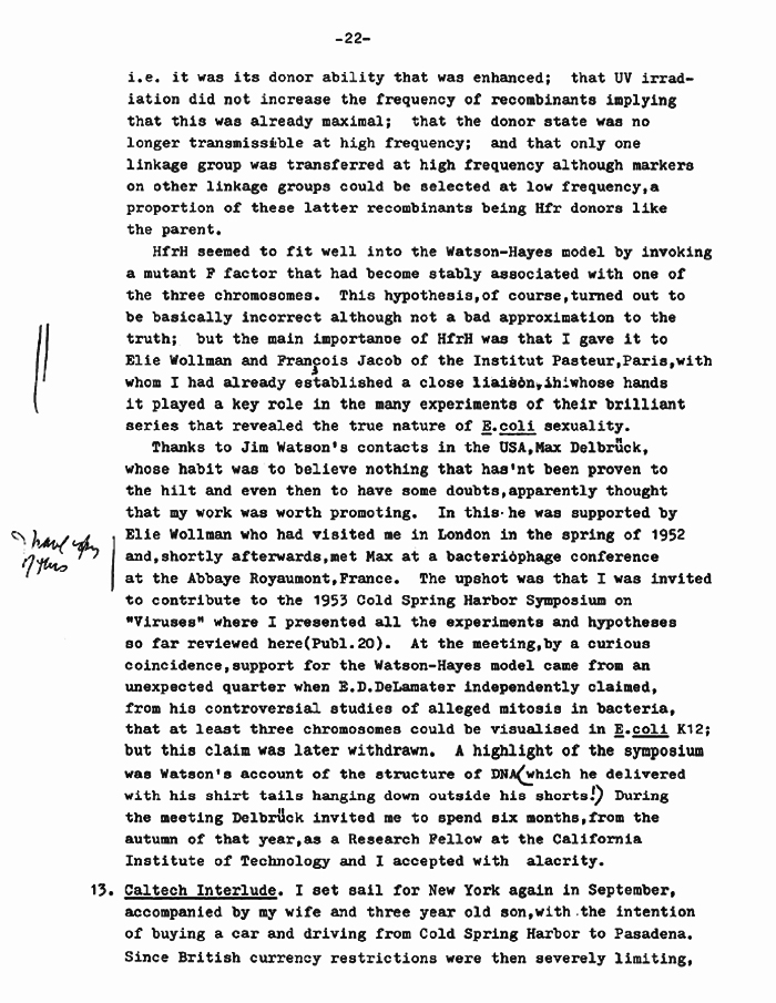 NLM pirated bbgbow A viewpoint of Aspects of a History of Genetics by William Hayes (pp 16-26, JL no longer researcher on p23) p22